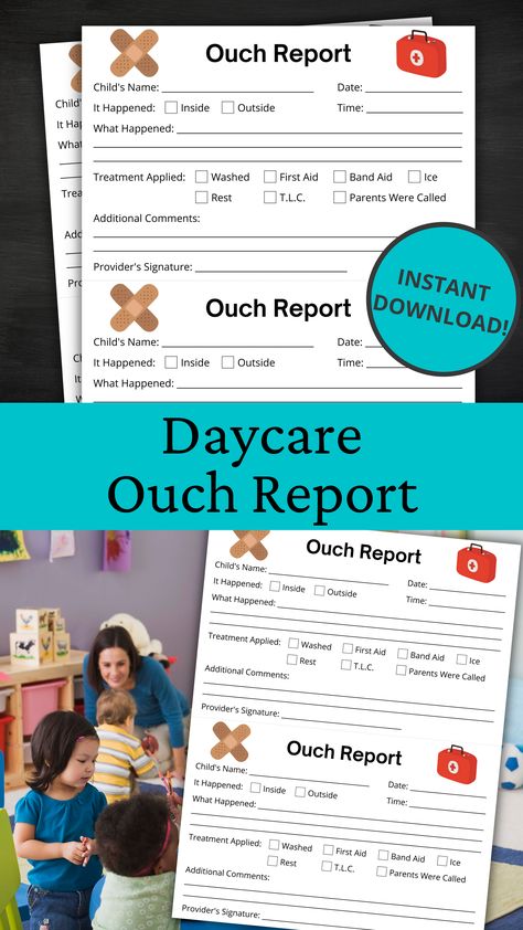 Keep track of little one's injuries with our Ouch Report form. Fill out what happened and how you dealt with it to give parents/guardians peace of mind. Perfect for schools, daycares, preschools, recreational activities, child care centers and more. Ouch Report, Home Daycare Ideas, Daycare Forms, Incident Report, Daycare Ideas, Home Daycare, Childcare Center, Recreational Activities, Child Care