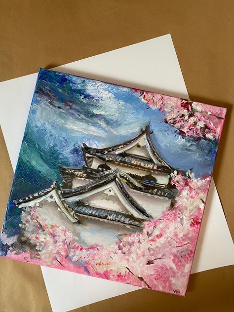 Japanese Canvas Art, Asian Painting Ideas On Canvas, Easy Acrylic Painting Ideas Square Canvas, Painting Ideas On Canvas Japanese, Japanese Acrylic Painting, Art On Square Canvas, Square Painting Ideas, Sakura Tree Painting, Calm Paintings