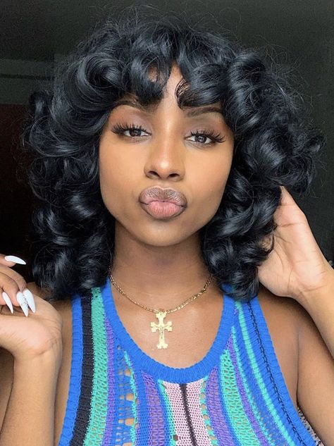 Wavy Bob With Bangs Black Women, Fluffy Curls Black Women, Bouncy Curls Short Hair, Big Curls Short Hair, Dressy Hairstyle, Fluffy Bob Black Women, Loose Curly Wig, Curls Styles, Curly Wig For Black Women