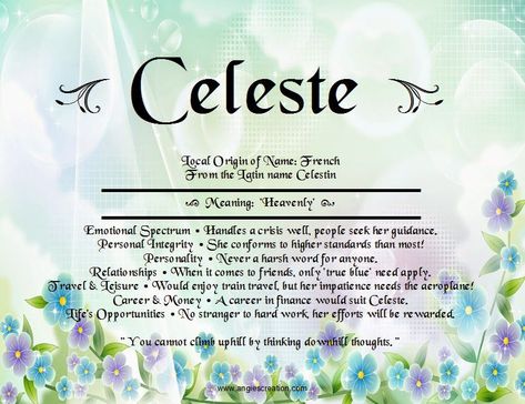 Meaning of my name, Celeste. It's pretty cool | cool ... Celeste Name, Celeste Tattoo, Two Oceans Meet, Baby Names French, Meaning Of My Name, Hispanic Baby Names, Irish Baby Names, First Birthday Card, Goddess Names