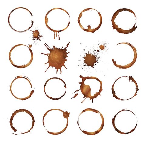 Coffee circles. dirty rings splashes and... | Premium Vector #Freepik #vector #spilled-coffee #coffee-stain #coffee-drop #blot Coffee Splash Art, Coffee Ring Stain, Coffee Cup Vector, Coffee Paintings, Ring Vector, Coffee Ring, Cloth Painting, Pink Coffee Cups, Coffee Stamps