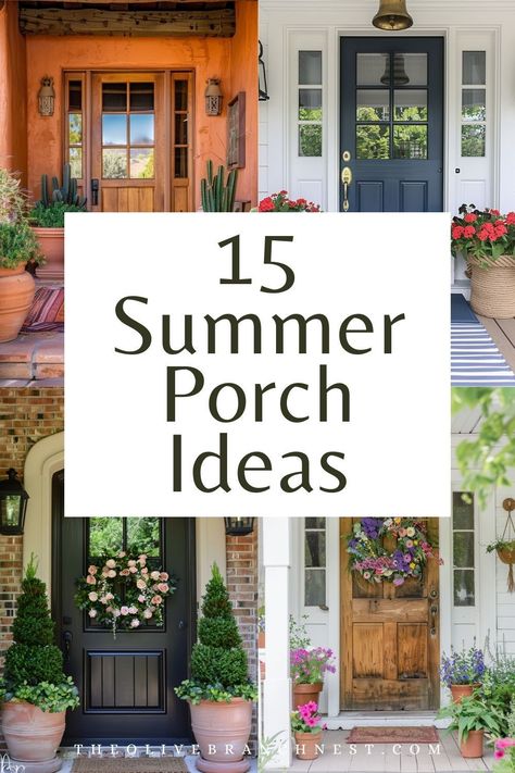 Refresh your front porch this summer with lots of inspirational ideas, perfect for small spaces. Incorporate pots filled with vibrant flowers and lush plants to create a welcoming entrance that combines farmhouse charm with contemporary decor. Small Porch Ideas Entrance Front Entry, Farmhouse Porch Planters, Front Steps Decorating Ideas, Closed In Porch Decorating Ideas, Front Porch Decorating Summer, Decorate Small Porch, Entrance Ideas Entryway Outdoor, Front Porch Ideas Plants, Front Porch Container Ideas