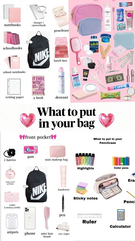 #whatsinmybag #schoolbag Things To Put In Your Purse, Nike Bags School, Teen Essentials, Fun Stuff To Do At Home, School Bag Organization, Extra Gum, What's In My Backpack, Mini Makeup Bag, School Must Haves