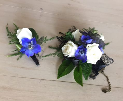 Royal Blue/ Black Corsage & Boutonnière with White Roses by Les Amis Flowerland White Corsages, Black Corsage, White Corsage, Corsage Prom, Dress Up Day, Prom Flowers, Boutonniere, White Roses, Hanukkah Wreath