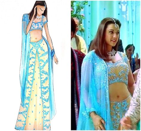 Iconic Bollywood Lehengas, Priety Zinta 90s Outfits, 90s Lehenga Bollywood, Bollywood 90s Outfits, 2000s Bollywood Lehenga, Old Bollywood Outfits, 90s Bollywood Fashion Traditional, 90s Lehenga, 90s Bollywood Lehenga