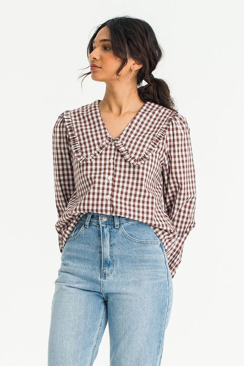 Soi Frill Collar Gingham Blouse, Brown Gingham Blouse, Checkered Blouse, Frill Collar, Gingham Shirt, Blue Gingham, Lifestyle Brand, Lifestyle Brands, No Frills, Baby Blue