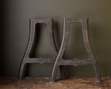 Vintage Industrial Metal Table Legs / 1930's / Original Cast Iron Stamped Machine Legs / Reclaimed Dining Table Work Bench Metal Lathe Legs Industrial Metal Table, Cast Iron Table Legs, Industrial Bedroom Design, Cast Iron Table Base, Reclaimed Dining Table, Industrial Table Legs, Man Cave Furniture, Rh Design, Iron Table Legs