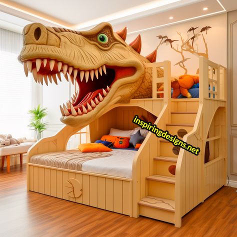 These Giant Dinosaur Shaped Bunk Beds Turn Sleepovers into Dino Adventures – Inspiring Designs Boys Dressers, Dinosaur Bed, Kids Bed Design, Dinosaur Bedding, Giant Dinosaur, Dinosaur Room, Boys Nursery, Playroom Design, Kids Bed