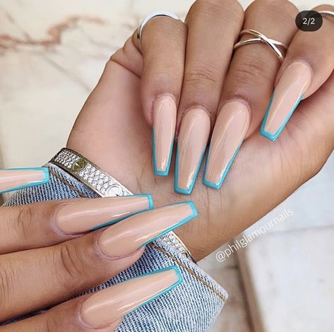 Outline French Tip Nails Coffin, Outlined Coffin Acrylic Nails, Nails With Lines On Edge, Nail Outline Design Coffin, White Outlined Nails Coffin, Glitter Outline Nails Coffin, Aqua Nails, Lines On Nails, Nail Paint