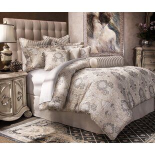 Michael Amini, Upholstered Panel Bed, Ruffle Bedding, Grey Pillows, King Comforter Sets, Upholstered Panels, Queen Comforter Sets, Bedroom Decorating, Queen Comforter