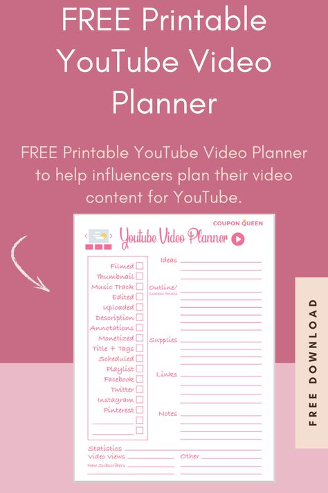 FREE Printable YouTube Video Planner Video Planning Template, Youtube Planner Printable Free, Youtube Channel Planner, Planning Youtube Content, Youtube Video Planner Template, Youtube Planner Template, Youtube Script Template, Youtube Video Planner, Youtube Content Planner