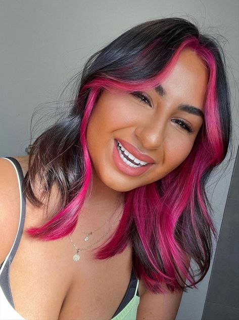 Pink Peekaboo Hair, Under Hair Dye, Pink Hair Streaks, Peekaboo Hair Colors, New Hair Color Trends, Pink And Black Hair, Two Tone Hair, Pink Hair Dye, Hair Color Underneath