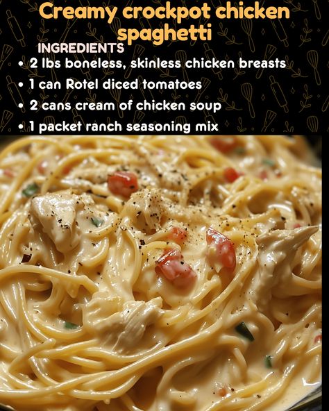 Creamy crockpot chicken spaghetti Alfredo Chicken In Crockpot, Crockpot Recipes Chicken Spaghetti, Crockpot Creamy Cheesy Chicken Spaghetti, Crockpot Rotel Chicken Spaghetti, Crockpot Chicken Recipes Alfredo, Mexican Chicken Spaghetti Crockpot, Ww Chicken Spaghetti Recipe, Easy Baked Chicken Spaghetti, Crockpot Spaghetti Chicken