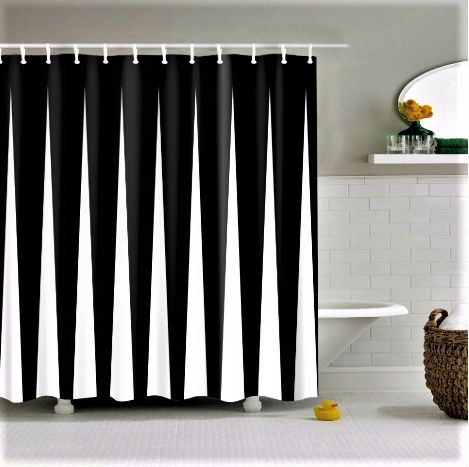 Model Home Bathroom, Broadway Themed Room, Black And White Bathroom Ideas, Black White Shower Curtain, Black And White Shower Curtain, Modern Shower Curtain, Curtain Art, Shower Curtain Art, Black White Bathrooms