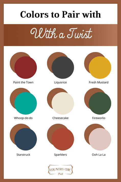 Need some ideas for color combos or how to build a color palette for your next furniture painting or home decor project? Here are some of our favorite colors to pair with With a Twist; a burnt orange, cognac brown paint color. Colors To Pair With Orange, Colors That Go Good With Brown, Color Palette Combinations Clothes, Brown Pairing Color, Brown Goes With What Colors Outfit, Best Combo Colors Outfit, Tangerine Outfit Color Combos, Brown Color Outfits Style, Colors To Match With Brown