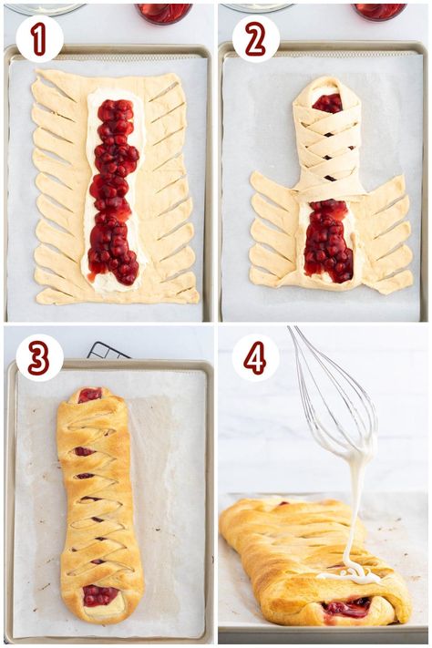 Cherry Cheesecake Stuffed Puff Pastry, Pillsbury Braid Recipes, Cherry Crossant Recipes, Cherry Cheese Puff Pastry, Cherry Breakfast Pastry, Puff Pastry Braid Desserts, Cherry Crescent Roll Recipes, Canned Cherry Desserts, Cherry Danish Puff Pastry