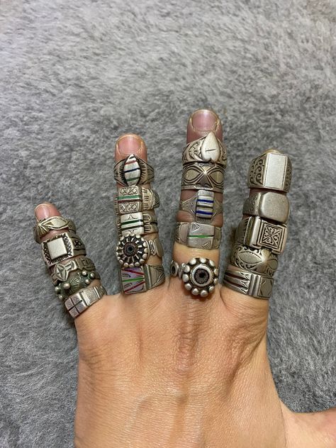 This is 20 old berber silver rings with etched and embossed decoration on the silver.  The rings has a great old patina. Total weight : 103,7g Old Silver Jewellery, Moroccan Rings, Bulky Rings, Silver Chunky Rings, Chunky Rings Silver, Ethnic Rings, Alt Jewelry, Thick Rings, Streetwear Luxury