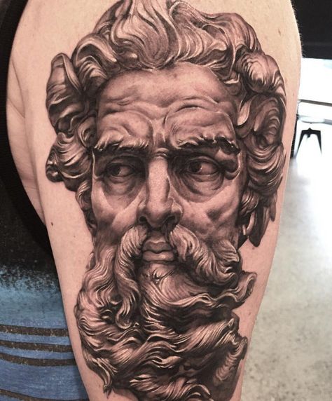 Poseidon Portrait, Blitz Tattoo, Leg Band Tattoos, Greek God Tattoo, Poseidon Tattoo, Zeus Tattoo, Statue Tattoo, Greek Mythology Tattoos, Forarm Tattoos