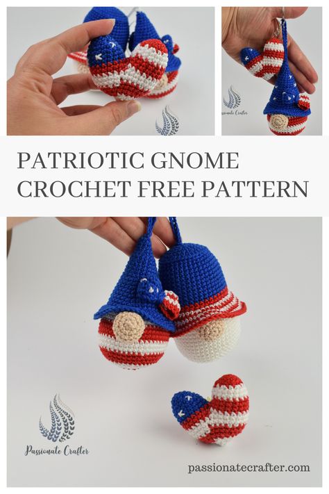 Patriotic gnome crochet keychain with a bowler hat in blue, red and white colors Crochet Birthday Gnome, Gnome Crochet Pattern Free, Gnome Calendar, Crocheted Gnomes, Gnome Keychain, Crochet Gnomes Pattern Free, Patriotic Crochet, Crochet Gnome Pattern, Wool Toys