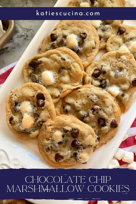 Chocolate Chip Marshmallow Cookies are just that, cookies loaded with both chocolate chips and ooey gooey marshmallows. This easy cookie recipe comes together in under a half hour and will remind you of eating rocky road or a s'more without the graham cracker. Chocolate Chip And Marshmallow Cookies, Chocolate Marshmallow Cookies Recipe, Chocolate And Marshmallow Cookies, Chocolate Chip Cookies With Marshmallows, Cookies With Mini Marshmallows, Marshmallow Chocolate Chip Cookies, Yummy Easy Desserts, White Choc Chip Cookies, Cookies With Marshmallows