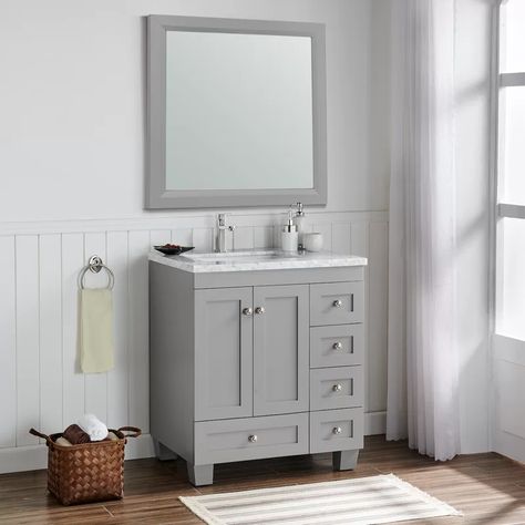 1 FAUCET HOLE NO BACKSPLASH Birch Lane™ Talbotton 30" Single Bathroom Vanity Set & Reviews | Wayfair Grey Bathroom Vanity, Carrara Marble Countertop, Gray Vanity, White Carrara Marble, White Marble Countertops, Marble Countertop, Transitional Bathroom Vanities, Single Sink Bathroom Vanity, Grey Bathrooms