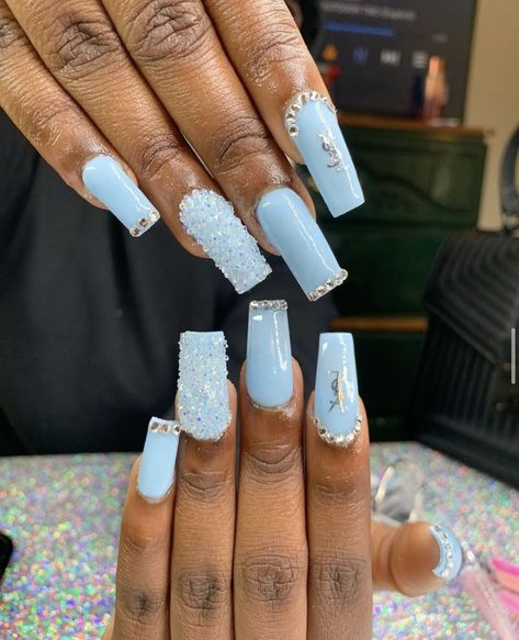 Blue, designer nails, blinged out nails,acrylic ideas Blue Nails Elegant, Cinderella Blue Nails, Blue And White Winter Nails, Water Drop Nails, Ice Blue Nails, Drop Nails, Cinderella Blue, Dark Blue Nails, Nails Elegant