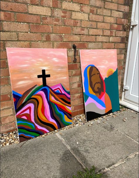 "These are some beautiful handmade, one of a kind paintings. Painted by me. It's of Jesus Christ and the cross. The inspiration behind these paintings was: Genesis 9:13 \"i have set my rainbow in the clouds, and it will be the sign of the covenant between me and the earth\" In the photos the sides of the canvases haven't been painted. But I have now painted all the sides (the same colour as the sky) so you will receive the paintings in perfect condition. The measurements of the canvases are 33inches (height) × 24inches (width) The canvases look great above a bed!" Paintings About Hope, Paintings For Above Bed, Abstract Jesus Painting, Christian Designs Art, Canvas Painting Of God, Simple Christian Paintings, Connecting Paintings, Christian Artwork Paintings, Jesus Painting Ideas