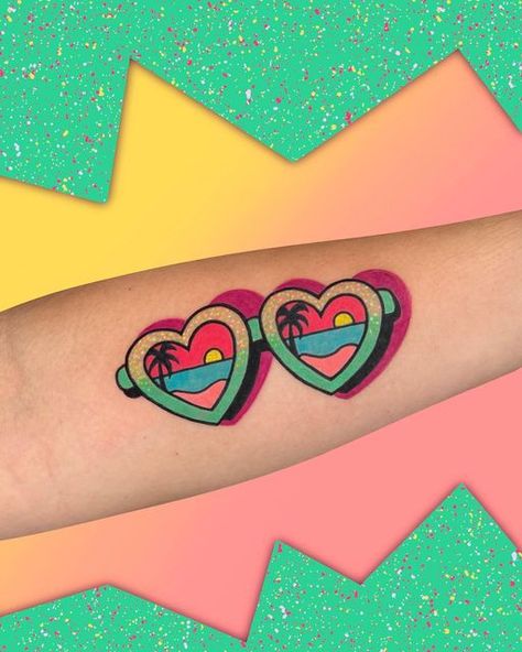 Heart Shaped Sunglasses Tattoo, Heart Glasses Tattoo, Fl Tattoo, Sunglasses Tattoo, Florida Tattoo, Spilled Ink, Heart Shaped Sunglasses, Tattoo Inspo, Artist On Instagram