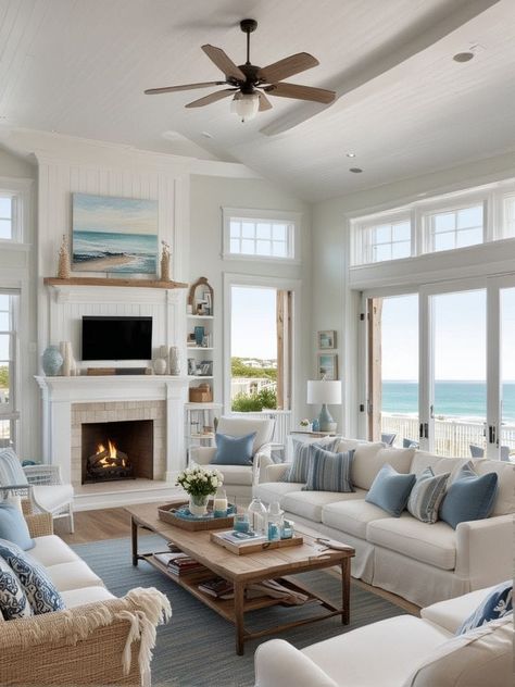 12 Coastal Fireplace Mantel Styling Ideas » Lady Decluttered Coastal Apartment Decor, Coastal Living Rooms Ideas, Coastal Fireplace, Scandinavian Decor Living Room, Beach House Living Room, Scandi Chic, Apartment Decoration, Haus Am See, Coastal Living Rooms