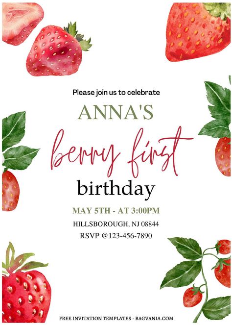 Berry First Birthday Invitation Free, Berry First Birthday Invitation Template, Strawberry Invitation Template, Strawberry Birthday Invitations, Birthday Invitation Template Free Editable, Strawberry Invitations, Tutti Frutti Party, Fruity Treats, Berry First Birthday