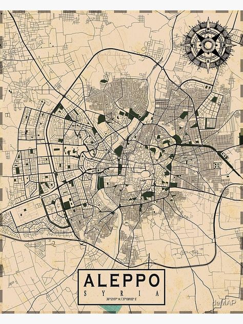 "Aleppo City Map of Syria - Vintage" Poster by deMAP | Redbubble Syria Map Wallpaper, Aleppo Aesthetic, Syria Aesthetic, Syrian Aesthetic, Old Syria, Arabic Aesthetic, Aleppo City, Syria Map, Cartography Art