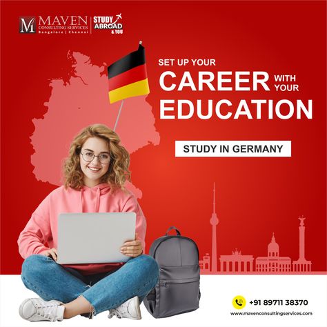 Want to study and settle in Germany? Get in touch with us for expert counselling at +91 89711 38370 or visit www.mavenconsultingservices.com For more Information regarding Study Abroad. Study In Germany Creative Ads, Study Abroad Creative Ads, Study Abroad Germany, Study Abroad Travel, College Ad, Admissions Poster, Abroad Travel, Study In New Zealand, Posters Design