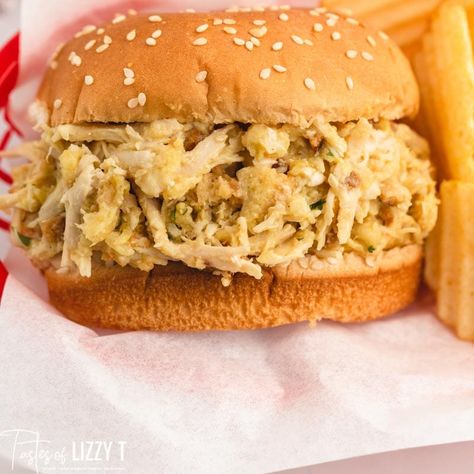 The best Ohio Shredded Chicken Sandwiches! Popular in the midwest, these creamy chicken & stuffing sandwiches are made in the slow cooker. Sloppy Chicken Sandwiches, Ohio Chicken Sandwich, Ohio Shredded Chicken Sandwiches, Shredded Chicken Sandwich Recipes, Ohio Shredded Chicken, Shredded Turkey Sandwiches, Recipes For Sandwiches, Shredded Chicken Breast Recipes, Ohio Recipes