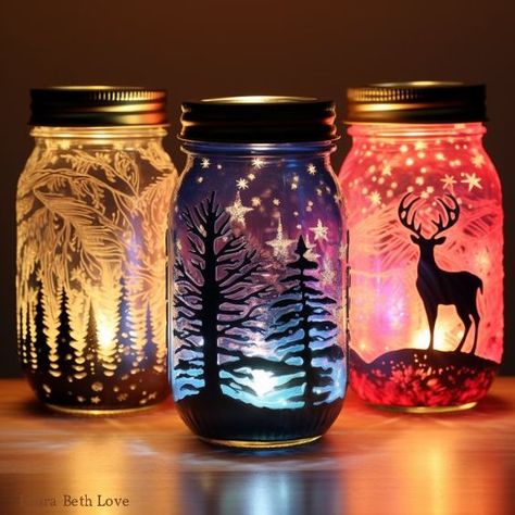 Dishfunctional Designs: DIY Painted Luminary Jars For The Holidays Painted Candle Jars, Painted Mason Jars Diy, Candle Jars Crafts, Jar Projects, Painting Glass Jars, Recycled Jars, Mason Jar Projects, Glass Bottle Diy, Jar Art