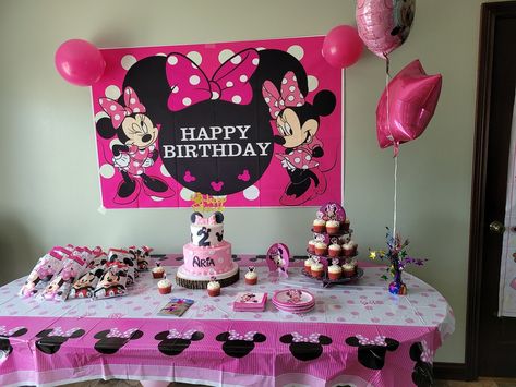 Minnie Mouse Birthday table decorations Minnie Mouse Table, Birthday Chair, Twodles Birthday, Birthday Table Decorations, Minnie Mouse Theme, Birthday Table, Minnie Mouse Birthday, Chair Covers, 2nd Birthday