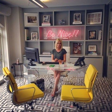 Love the yellow & gray palette of this home office so cheerful! The neon sign is stellar and fun! decorating with words — The Decorista Interior Window Trim, Feminine Office, Dream Office, Luxury Office, Office Makeover, Chic Office, Home Office Space, Office Interior, Office Room