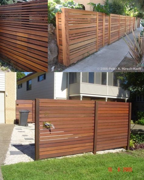 Fence Horizontal, Modern Wood Fence, Backyard Privacy Screen, Horizontal Slat Fence, Wood Fence Design, Living Pool, Modern Fence Design, Privacy Fence Designs, Front Fence