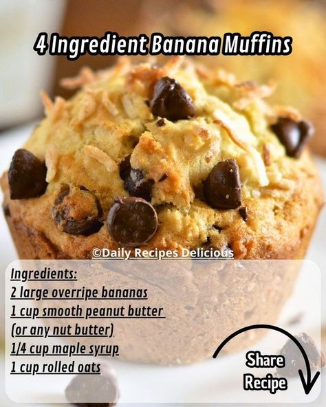 Daily Recipes Delicious Easy Banana Muffins Recipe, Easy Banana Muffins, Rolled Oats Recipe, Banana Muffin Recipe Easy, Banana Recipes Overripe, Banana Muffins Easy, Healthy Banana Muffins, Banana Oat Muffins, Low Carb Muffins