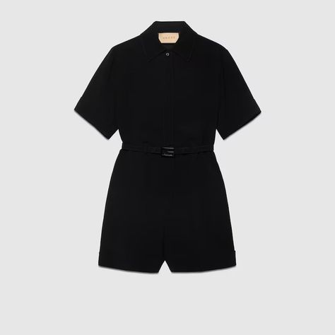 Shop the Viscose crêpe cady short jumpsuit in black at GUCCI.COM. Enjoy Free Shipping and Complimentary Gift Wrapping. Gucci Jumpsuit, Gucci Luxury Short Sleeve Shirt, Gucci Black Short Sleeve Tops, Gucci Fitted Mini Dress, Luxury Gucci Short Sleeve T-shirt, Gucci Store, Gucci Black, Knitwear Tops, Short Jumpsuit