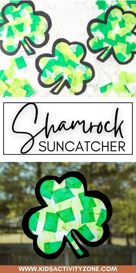 Brighten up your windows for St. Patrick's Day with this easy to make Shamrock Suncatcher! Print the free Shamrock Template, cut it out and create a suncatcher. It's an easy kids craft for St. Patrick's Day that's quick and easy to make. Shamrock Suncatcher, Sant Patrick, Rainbow Shamrock, Shamrock Template, Saint Patricks Day Art, Fete Saint Patrick, Rainbow Suncatcher, March Crafts, St Patricks Crafts