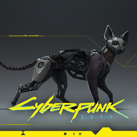 Robot Cat Art, Cyberpunk Creature, Cybernetic Animals, Cyberpunk Animals, Cyberpunk Dog, Cat Cyberpunk, Robotic Animals, Machine Animals, Cyberpunk Robot