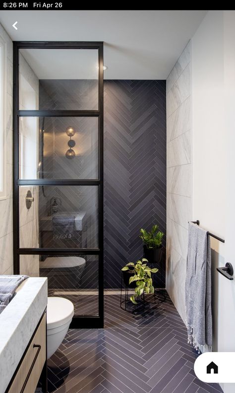 Bathroom Black Tile Ideas, Basement Full Bathroom, Black And White Powder Room Ideas, Tiny Full Bathroom Ideas, Shower With Half Wall, Moody Master Bath, Walk In Shower Bathroom, Modern Masculine Bathroom, Moody Bathroom Ideas