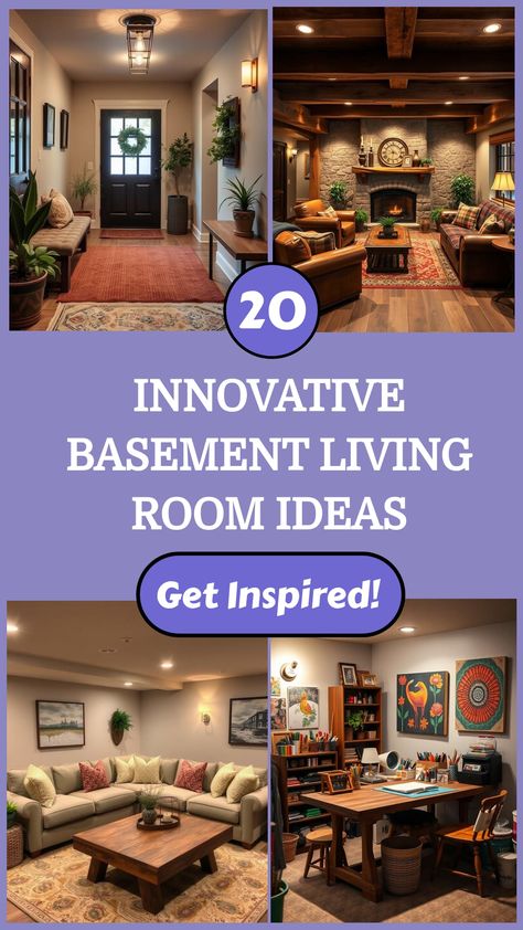 Collage of stylish basement living rooms showcasing different decor and furniture styles. Cozy Den Room Ideas With Fireplace, Underground Living Room Ideas, Basement Living Space Ideas, Basement Family Room Design Ideas, Basement Sofa, Basement Living Room Ideas, Basement Family Room Ideas, Basement Tv Rooms, Basement Living Room