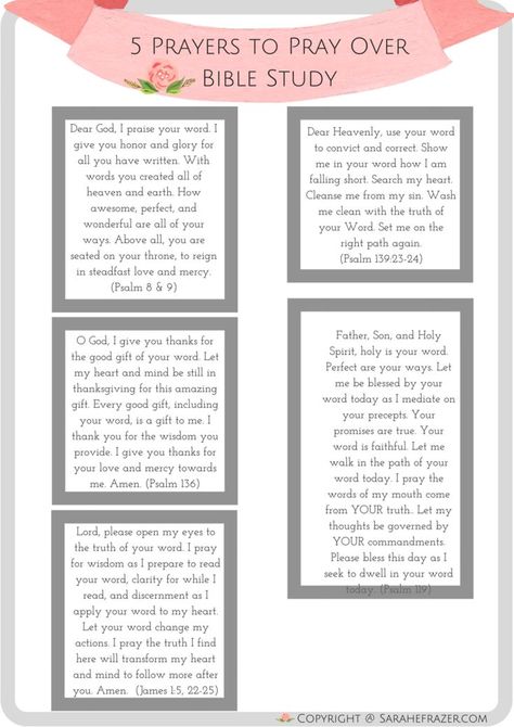 Do you pray before you study the Bible or have a quiet time? Grab these free prayer cards to help you grow in faith and connect with God through war room prayers. || Sarah E. Frazer #pray #prayers #prayercards #warroom #spiritualgrowth #sarahefrazer Prayer Before Studying, Prayer Strategies, Creative Bible, Bible Study Plans, Bible Study Methods, Bible Study Tips, How To Pray, Bible Study Notebook, Womens Bible Study