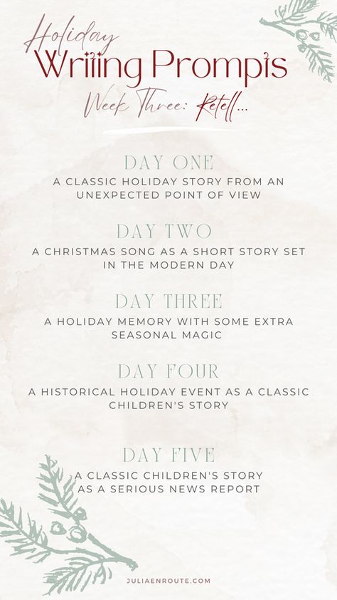 Holiday Writing Prompts — Julia en Route Blog Writing Prompts, Holiday Writing Prompts, Christmas Writing Prompts, Writing Hacks, December Writing, Holiday Writing, Christmas Writing, Holiday Stories, Magic Day