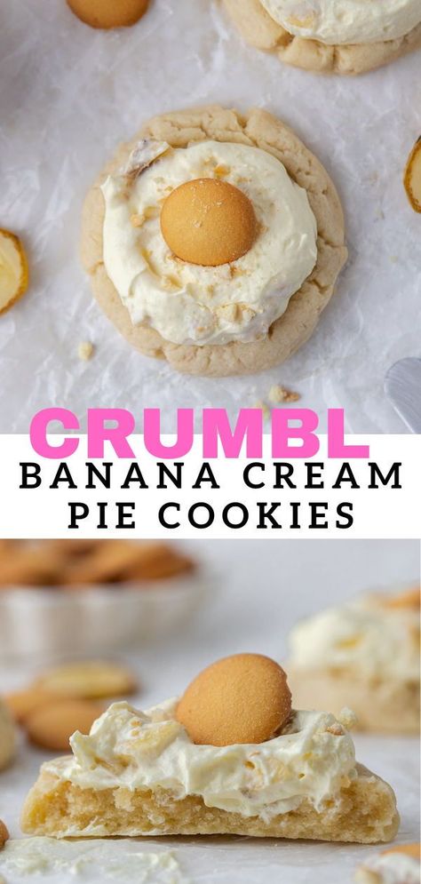 This Crumbl banana cream pie is made with a buttery cookie topped with a smooth and creamy vanilla banana pudding in the center. This is then topped with a cute little vanilla wafer to finish it all off. It will remind you of one of your favorite banana cream pies ever! Gourmet Cookie Flavors, Banana Cream Pie Cookies, Banana Cream Pie Pudding, Cream Pie Cookies, Crumbl Copycat, Crumble Cookie Recipe, Crumble Cookie, Banana Cream Pie Recipe, Pie Cookies