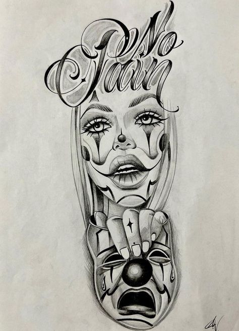 Chicana Art Tattoo, Low Rider Tattoo Design, Payasa Tattoo Stencil, Chicano Gangster Tattoo Designs, Payasa Tattoo Designs, Mexican Gangster Tattoos, Chicano Clown Tattoo, Gangster Tattoos For Women, Chicano Sleeve Tattoo