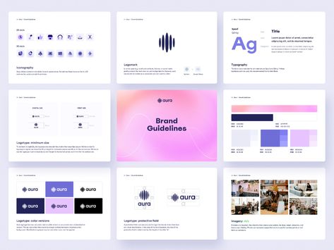 Aura – Brand Guidelines by Maria Brilkova for Unikorns Agency on Dribbble Brand Guidelines Design, Brand Identity Guidelines, Brand Guidelines Template, Identity Design Inspiration, Brand Manual, Typography Branding, Brand Book, Brand Guide, Learning Design