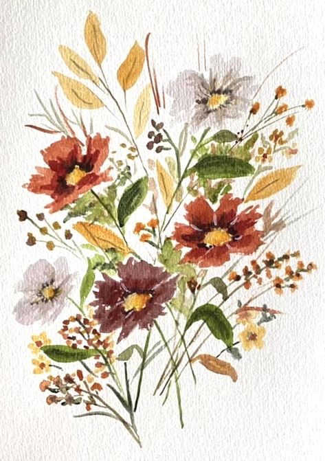 Watercolour Fall Flowers, Autumnal Watercolour Painting, Fall Flowers Watercolor Paintings, Bouquet Of Flowers Painting Acrylic, Fall Floral Watercolor, Fall Flower Watercolor, Autumn Flowers Watercolor, Autumn Flowers Painting, Fall Floral Painting