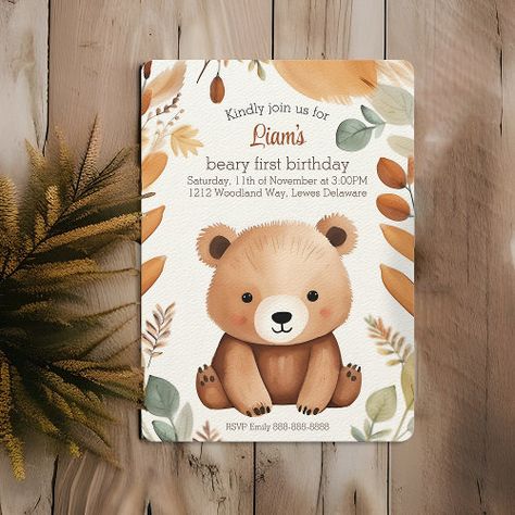 Autumn Woodland Baby Bear Watercolor 1St Birthday Invitation #zazzle #weddinginvitations #birthdayinvitations #babyshowerinvitations #zazzleinvitations #monogram #businesscards #graduation #homedecor Autumn Birthday Theme, Modern Birthday Party, Autumn Birthday, First Birthday Favors, First Birthday Games, Bear Watercolor, 1st Birthday Themes, 1st Birthday Invitation, First Birthday Party Themes